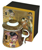 Gustav Klimt porcelánová šálka na čaj so sitkom a prikrývkou Bozk 