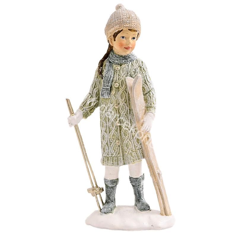 Soška Deti zimy – dievča s lyžami 14,5 cm polyresin