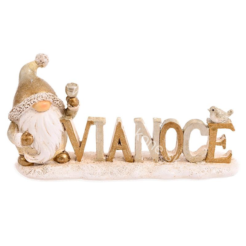 Vianočná soška škriatok so zvončekom a nápisom Vianoce, zlatobiela – 15 cm, polyresin