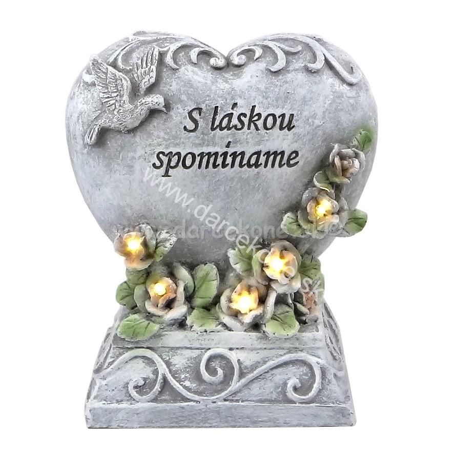 Solárny náhrobný kameň S láskou spomíname srdce s holubicou a kvetmi 5 led