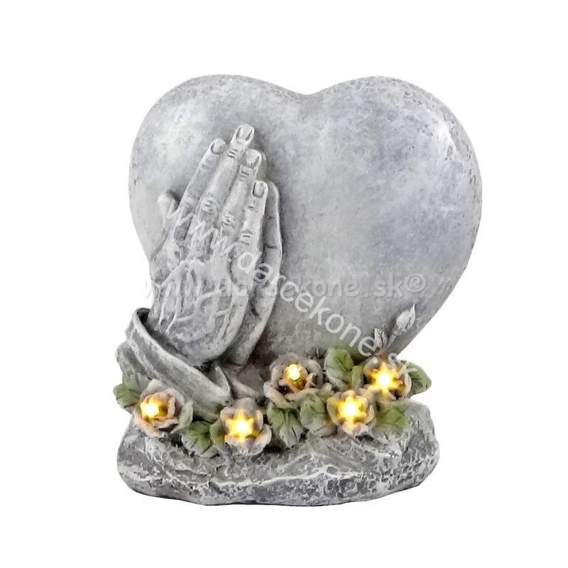 Solárny náhrobný kameň srdce modliace sa ruky kvetmi 16cm