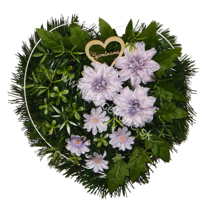 Čečinové srdce s fialovými kvietkami – aranžmán na hrob Spomíname 35 cm