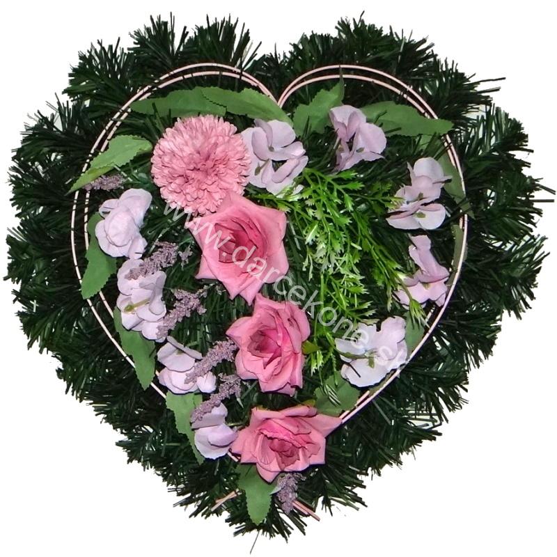 Aranžmán na hrob srdce čečinové ružové ruže 39cm