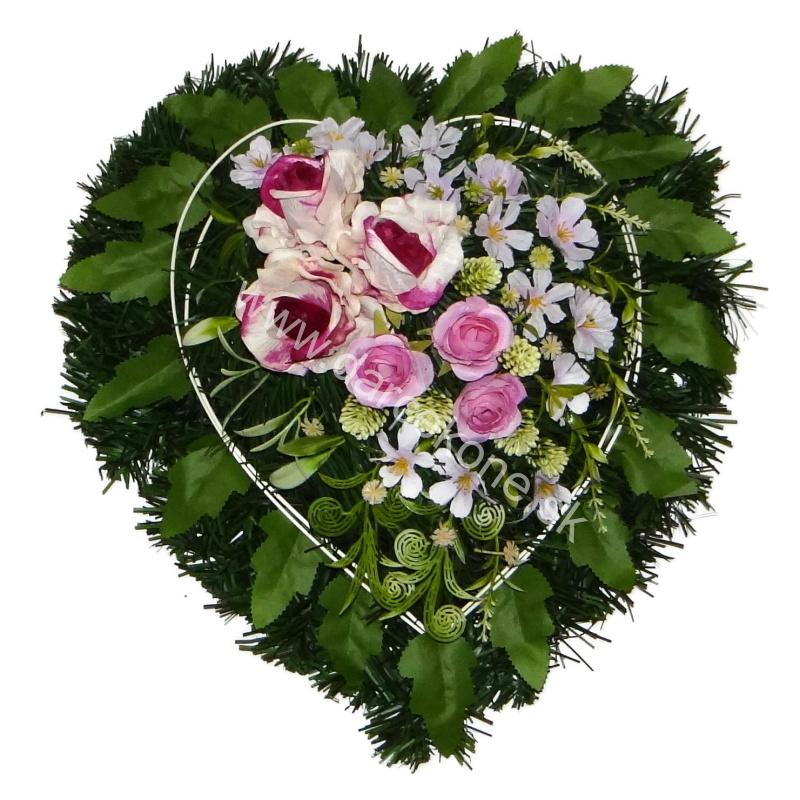 Čečinové srdce s ružovo-krémovými ružami – dekorácia na hrob 41 cm