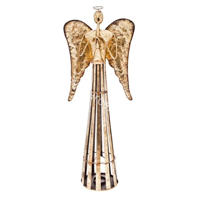 Veľký plechový zlatý anjel s trúbkou svietnik 80cm