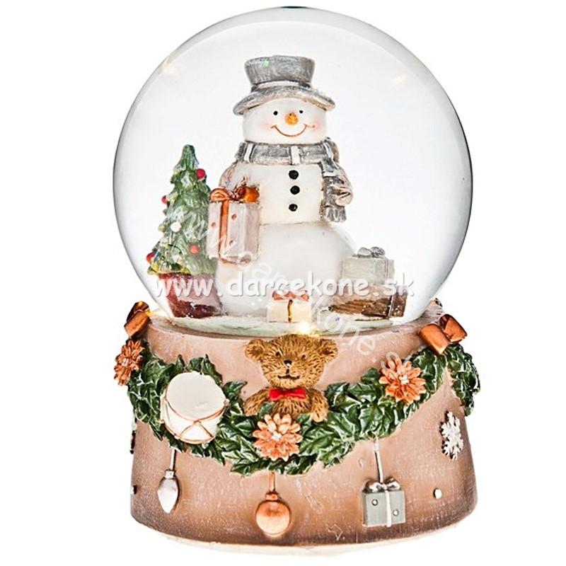 LED snežítko snehuliak so stromčekom a darčekmi 14cm
