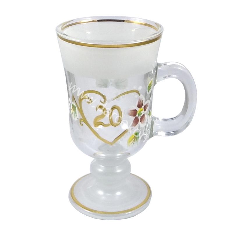 Výročný sklenený pohár na kávu k 20 narodeninám biely