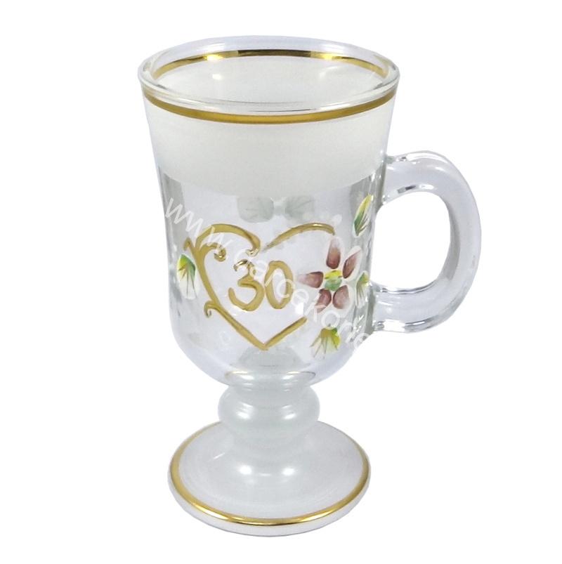 Výročný sklenený pohár na kávu k 30 narodeninám biely