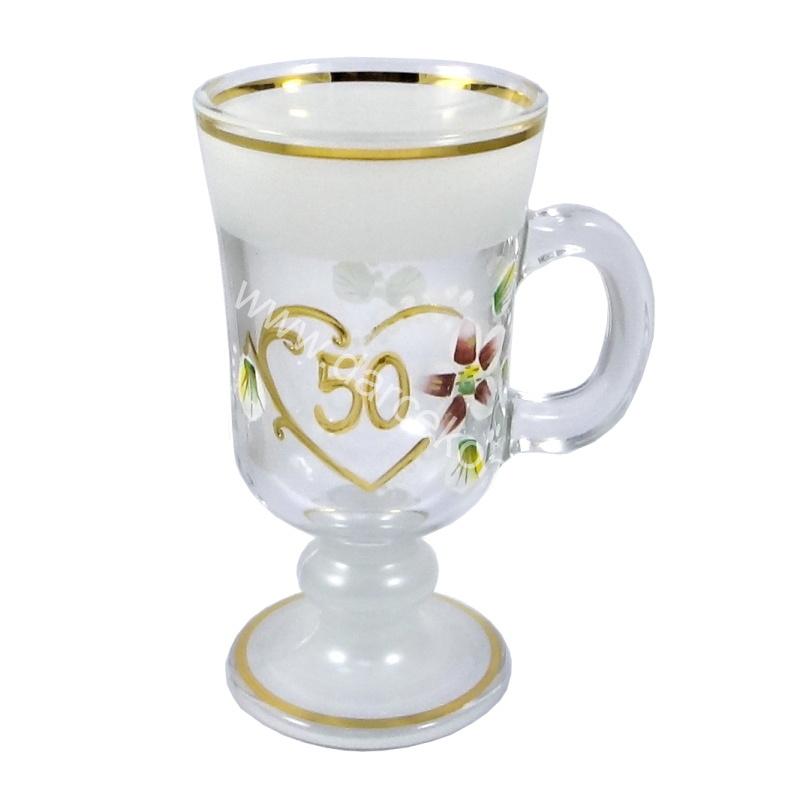 Výročný sklenený pohár na kávu k 50 narodeninám biely