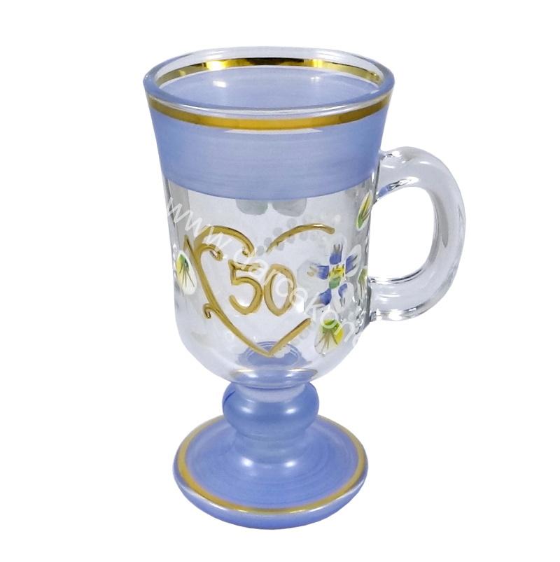 Výročný sklenený pohár na kávu k 50 narodeninám modrý