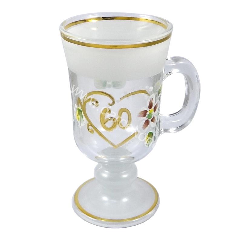 Výročný sklenený pohár na kávu k 60 narodeninám biely