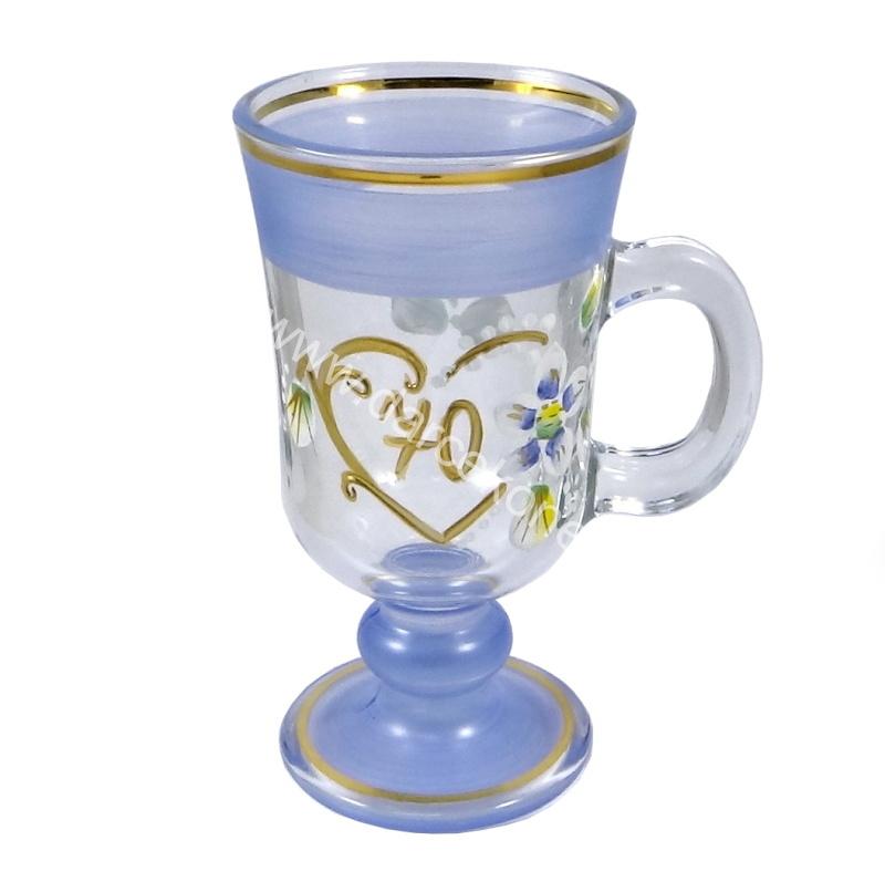 Výročný sklenený pohár na kávu k 70 narodeninám modrý