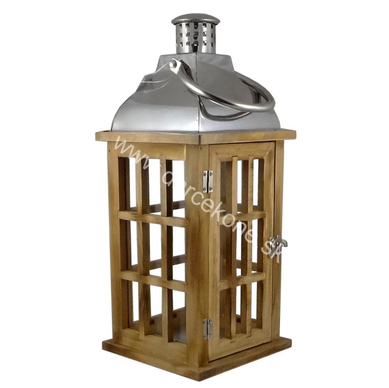 Drevená lucerna lampáš hnedý strieborná strieška 40cm