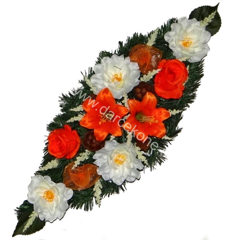 Ikebana na hrob čečinová oranžové ruže, ľalie, krémová cínia 75 cm