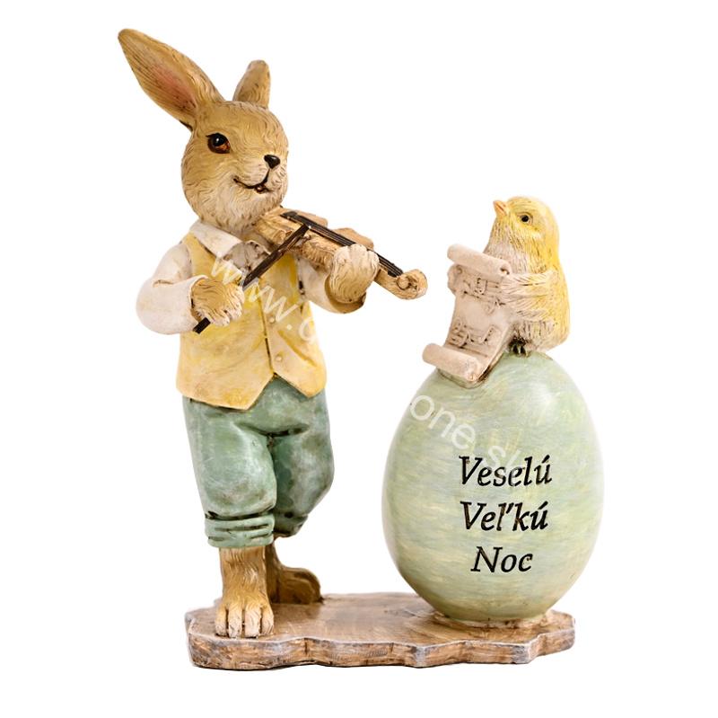 Zajac s husľami a vajíčkom s kuriatkom prajúci Veselú Veľkú Noc 12cm