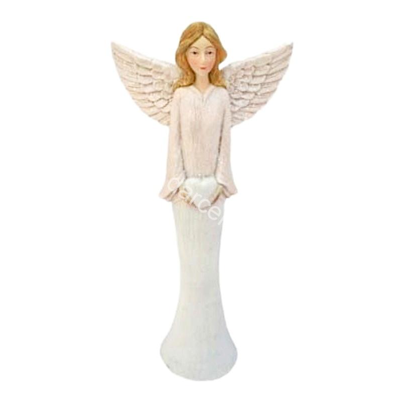 Soška anjel krémovo biely so srdcom 19,5 cm – elegantná dekorácia