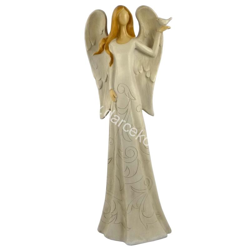 Soška anjel krémový s vtáčikom na ruke 35cm