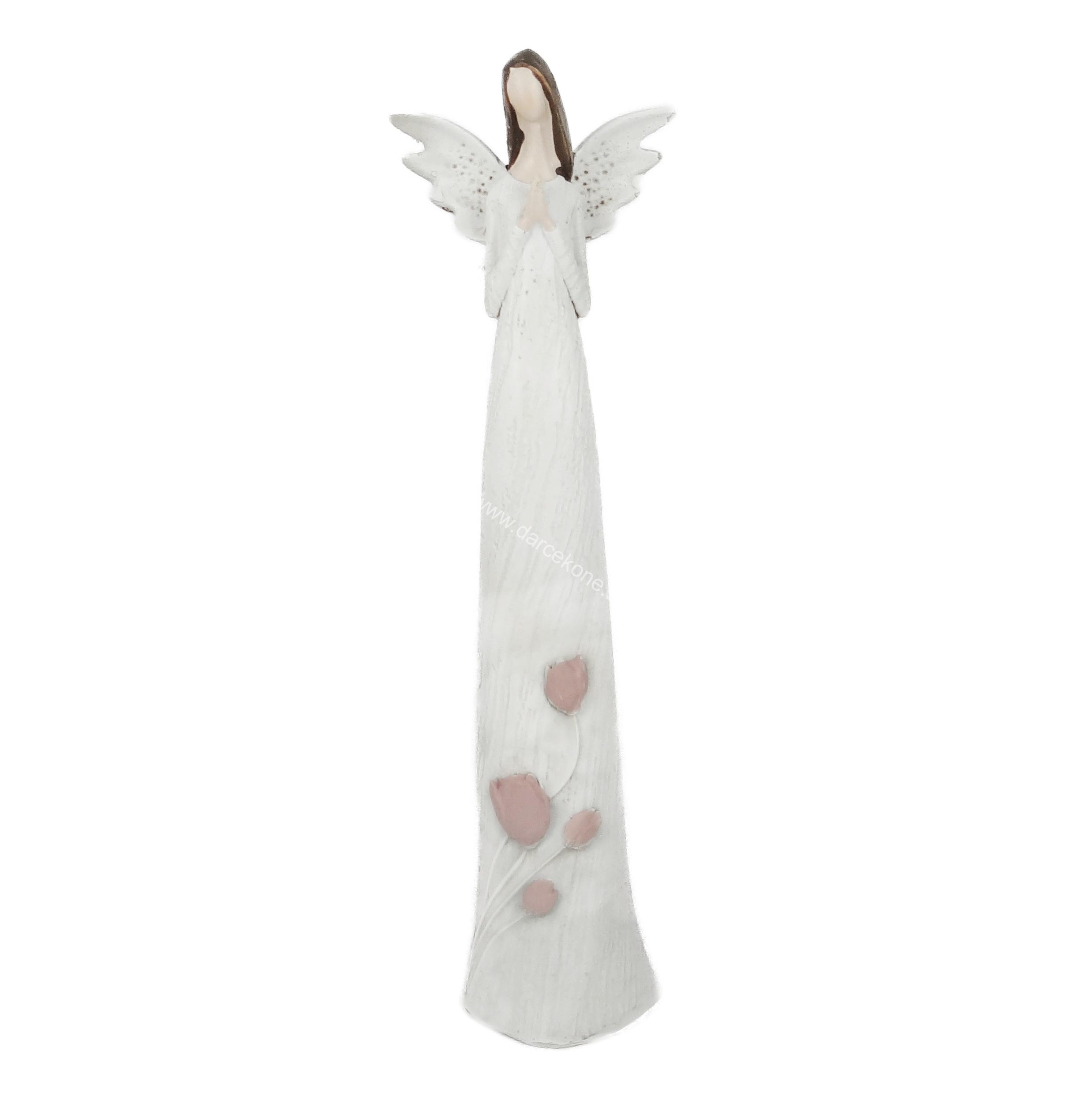 Soška anjel svetlo sivý s tulipánmi staroružovej farby – 25 cm