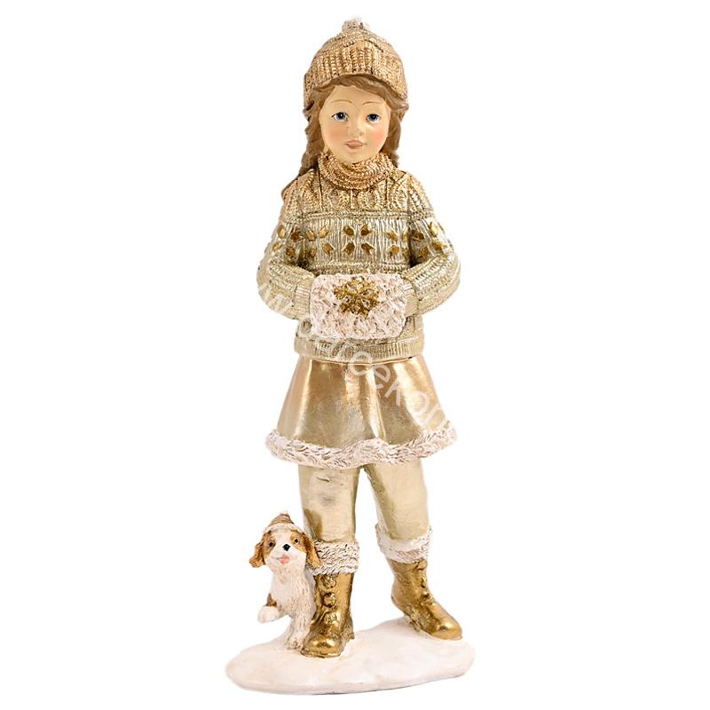 Soška Dievča so psíkom – zimná kolekcia, zlatá farba, 20 cm