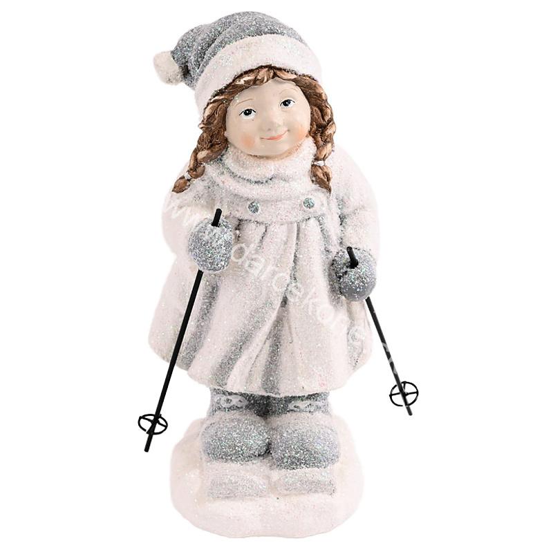Veľká zimná soška dievča na lyžiach 44 cm – sivo-krémová, polyresin