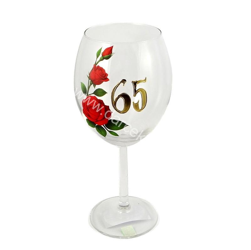 Výročný pohár na víno 550 ml – červené ruže, zlaté číslo 65