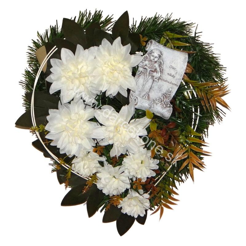Čečinové srdce na hrob pre otca s bielymi chryzantémami a nápisom Otec nikdy nezabudneme 38 cm