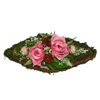 Dekorácia na hrob ratan bielo tmavo rúžové ružičky 30cm
