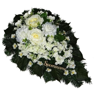 Ikebana dušičky čečinová krémovo biele ruže Spomíname 70 cm