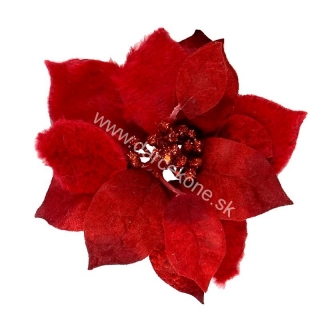 Vianočná ruža červená kombi na klipe 16cm