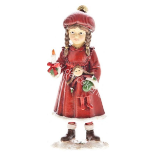 Deti zimy dievčatko so sviečkou a bábikou červené šaty 12,5cm