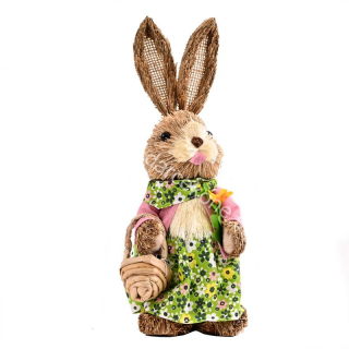 Veľkonočná slamená zajačica s košíkom a kvetom 34cm