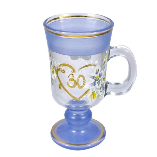 Výročný sklenený pohár na kávu k 30 narodeninám modrý