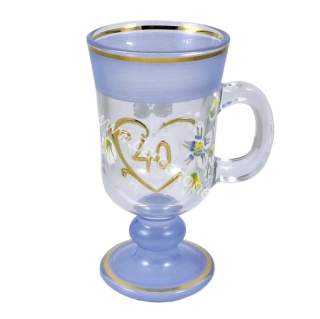 Výročný sklenený pohár na kávu k 40 narodeninám modrý