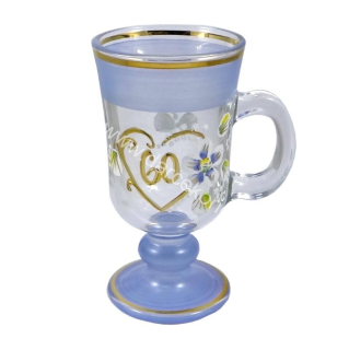 Výročný sklenený pohár na kávu k 60 narodeninám modrý