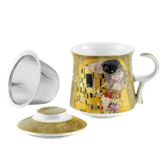 Gustav Klimt porcelánová šálka na čaj so sitkom a prikrývkou Bozk hnedá